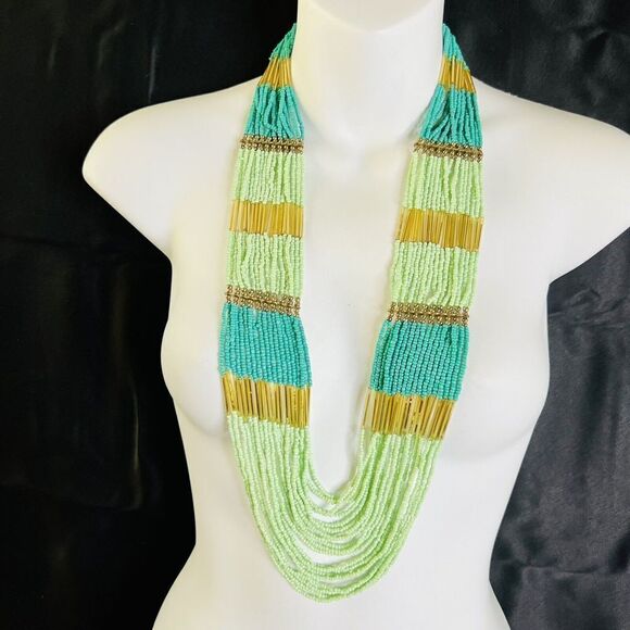 Stunning Waterfall Turqoise Green Gold Multi Strand Seed Bead Statement Necklace - Picture 6 of 15